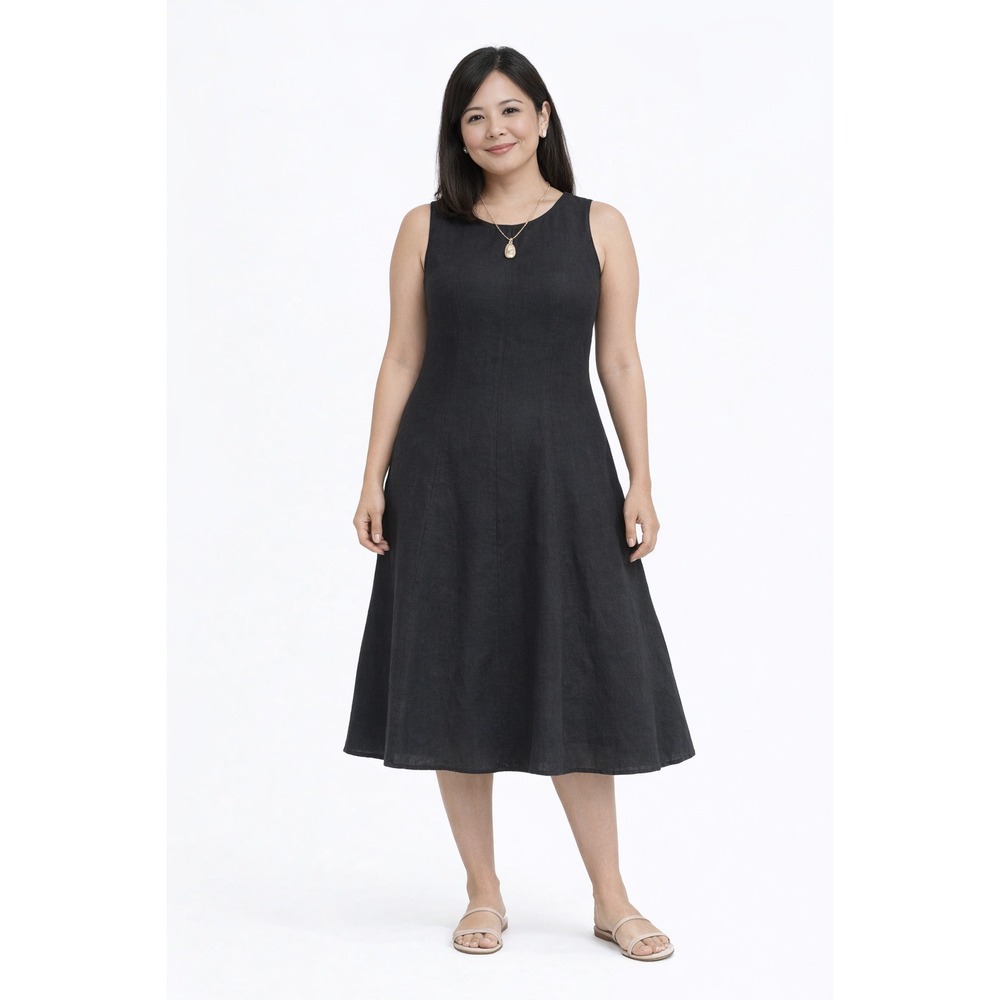 Irish Linen Dress Womens 10P Black Midi A-Line LBD Minimalist Classic Work Party